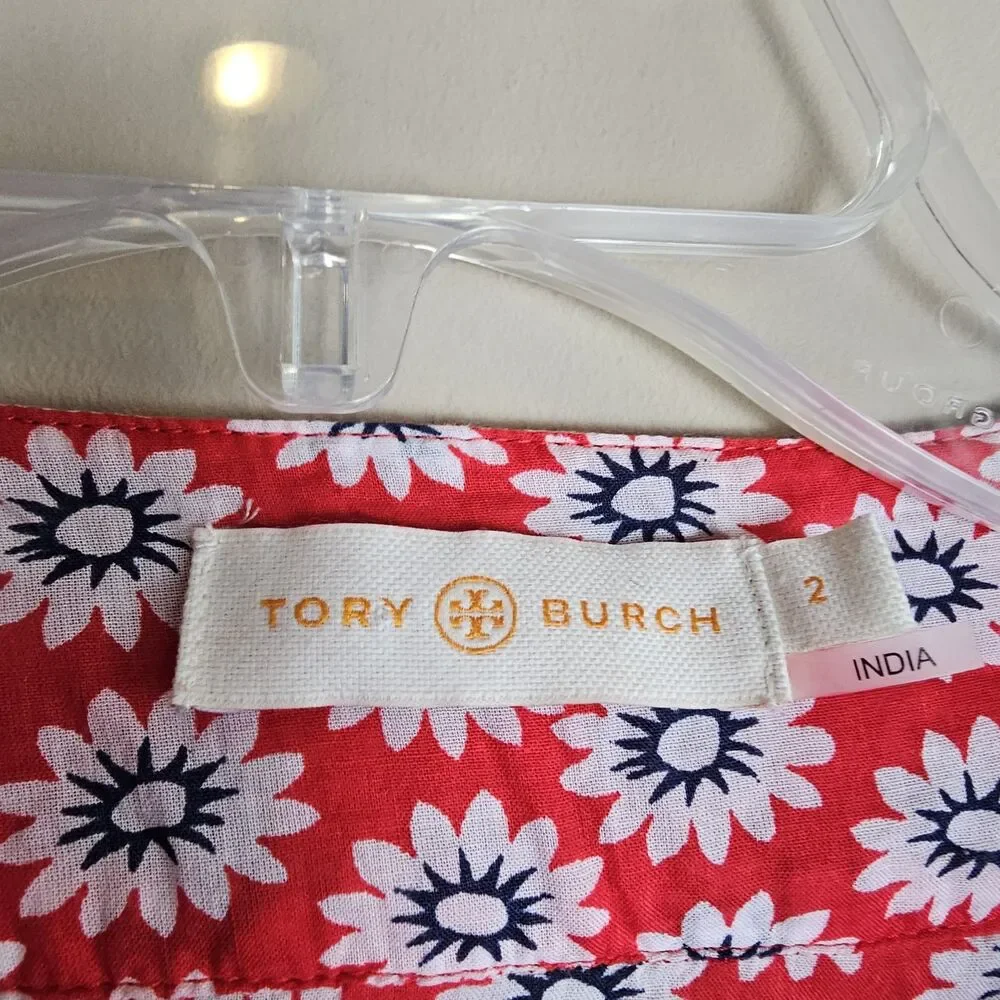 Tory Burch Jayne Nantucket Red Daisy Floral Embroidered Cotton Tunic Womens Sz 2